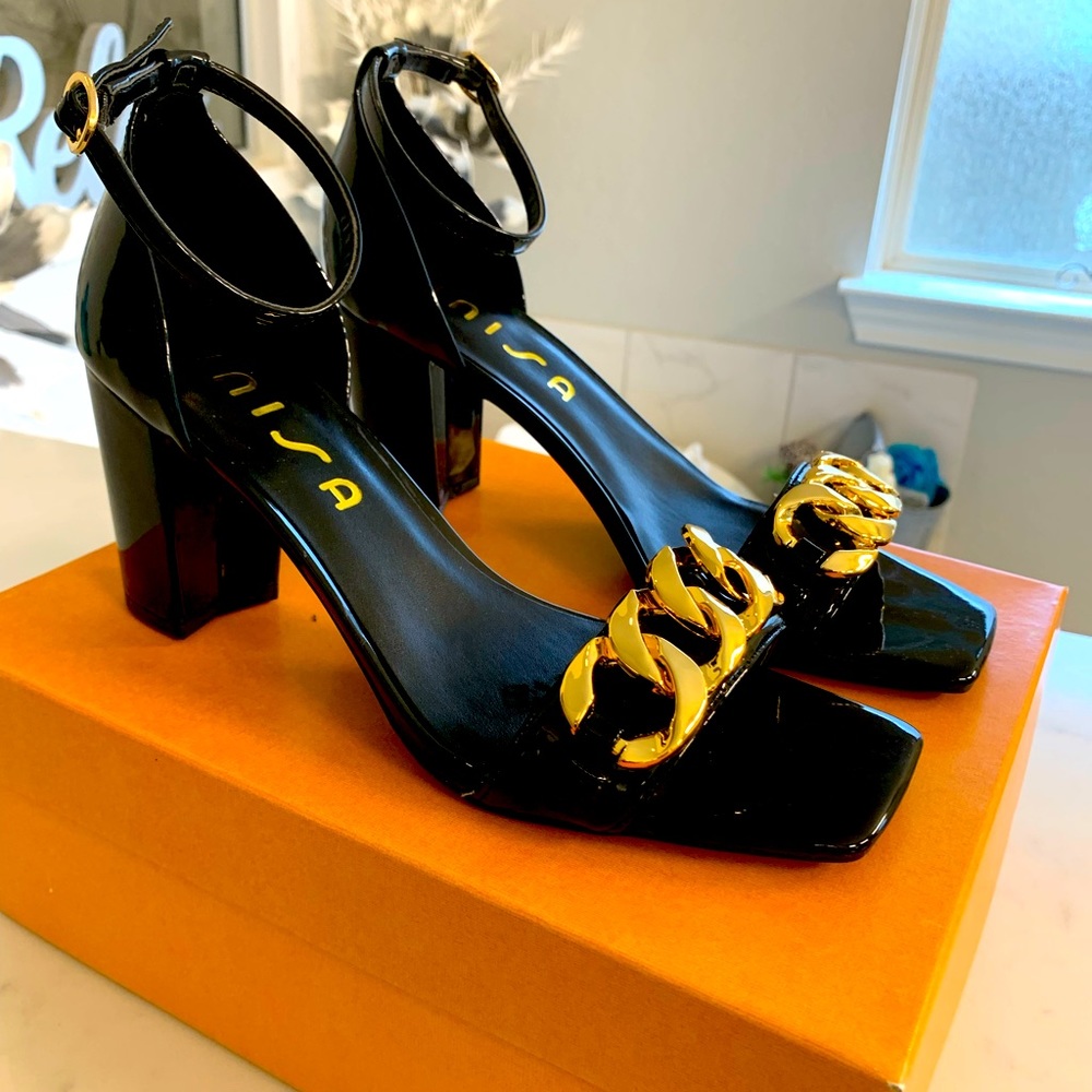 Black Patent Block-Heel Sandals New in Box